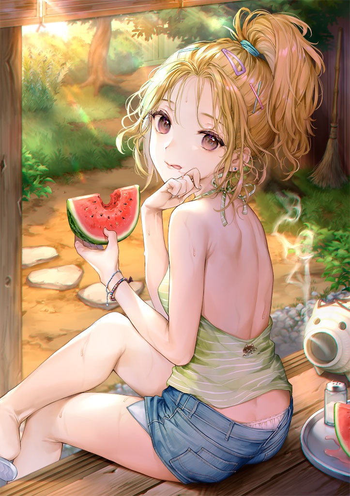 1girl bare_shoulders blonde_hair bracelet brown_eyes denim denim_shorts eating food fruit grass green_shirt holding holding_food jewelry kaguyuzu licking_lips long_hair looking_at_viewer looking_back original outdoors parted_lips plant ponytail porch scrunchie shirt short_shorts shorts sitting solo stepping_stones stone tongue tongue_out tree watermelon wiping_face