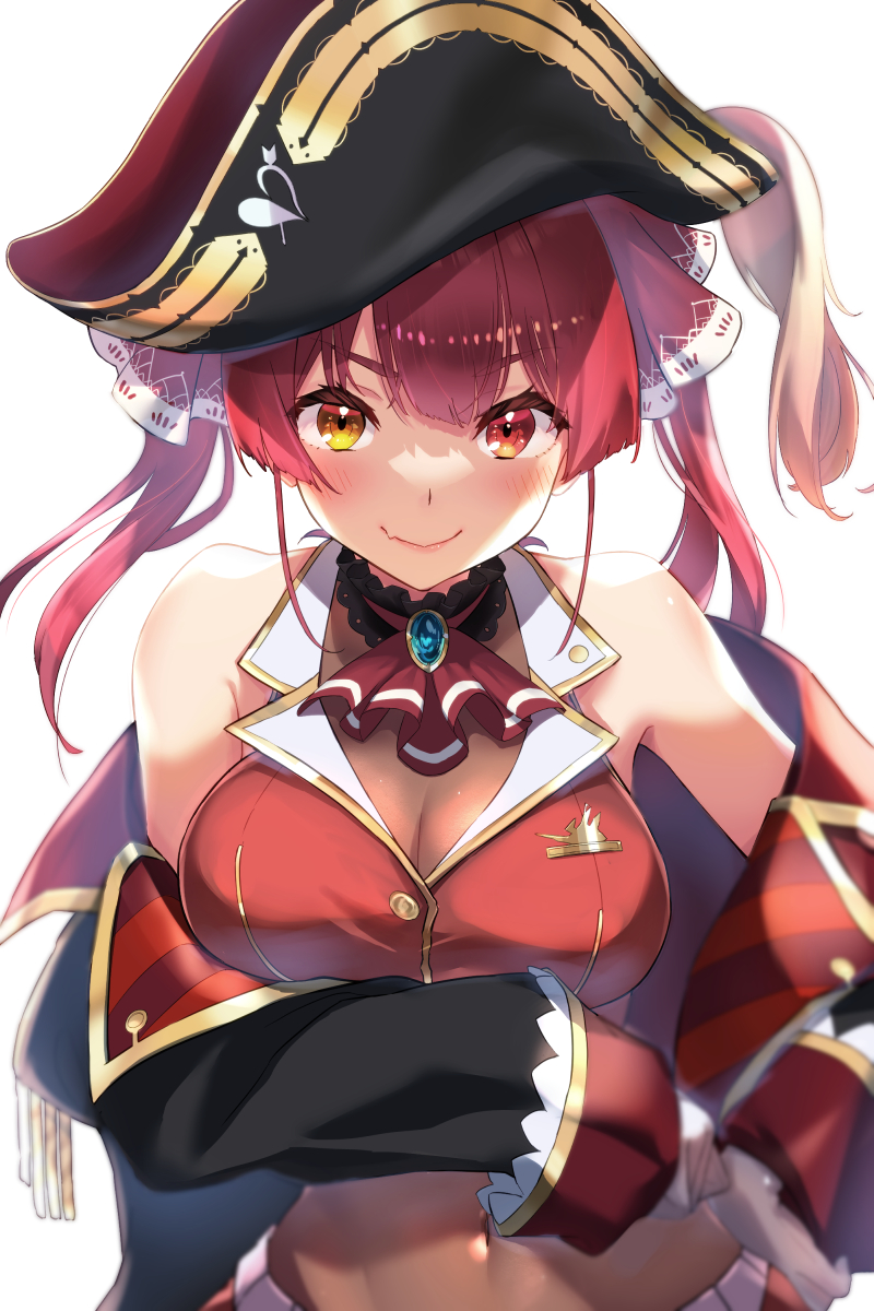1girl ascot bangs black_choker blush bodystocking breasts choker covered_navel eyebrows_behind_hair fang fang_out frilled_choker frills hat heterochromia highres hololive houshou_marine medium_breasts o-hako off_shoulder pirate pirate_hat red_eyes red_neckwear redhead skin_fang sleeves_past_fingers sleeves_past_wrists smile solo twintails virtual_youtuber white_background yellow_eyes