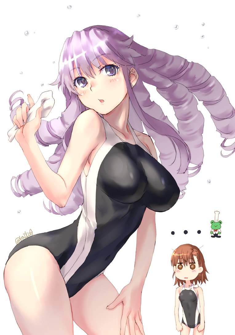 ... 2girls bangs bare_arms bare_shoulders black_swimsuit blush breasts brown_eyes brown_hair collarbone commentary_request covered_navel drill_hair eyebrows_visible_through_hair gekota hair_between_eyes hand_up hokaze_junko holding large_breasts misaka_mikoto multiple_girls one-piece_swimsuit parted_lips purple_hair raika9 simple_background small_breasts swimsuit toaru_kagaku_no_railgun toaru_majutsu_no_index twitter_username violet_eyes water_drop white_background