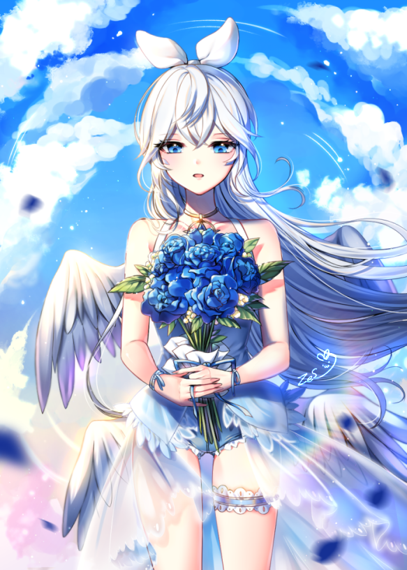 1girl bangs bare_arms bare_shoulders blue_flower blue_rose blue_shorts blue_sky bouquet clouds collarbone commentary_request day dress elsword eve_(niconico) eyebrows_visible_through_hair feathered_wings flower hair_between_eyes hair_ribbon holding holding_bouquet long_hair outdoors parted_lips ribbon rose see-through short_shorts shorts signature sky sleeveless sleeveless_dress solo very_long_hair white_dress white_hair white_ribbon white_wings wings xes_(xes_5377)
