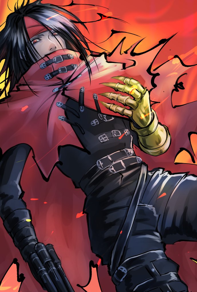 1boy belt black_hair clawed_gauntlets cloak final_fantasy final_fantasy_vii gun hidden_mouth leather long_hair looking_at_viewer red_background red_cloak red_eyes red_headwear revolver torn_clothes tsubak_iharu vincent_valentine weapon