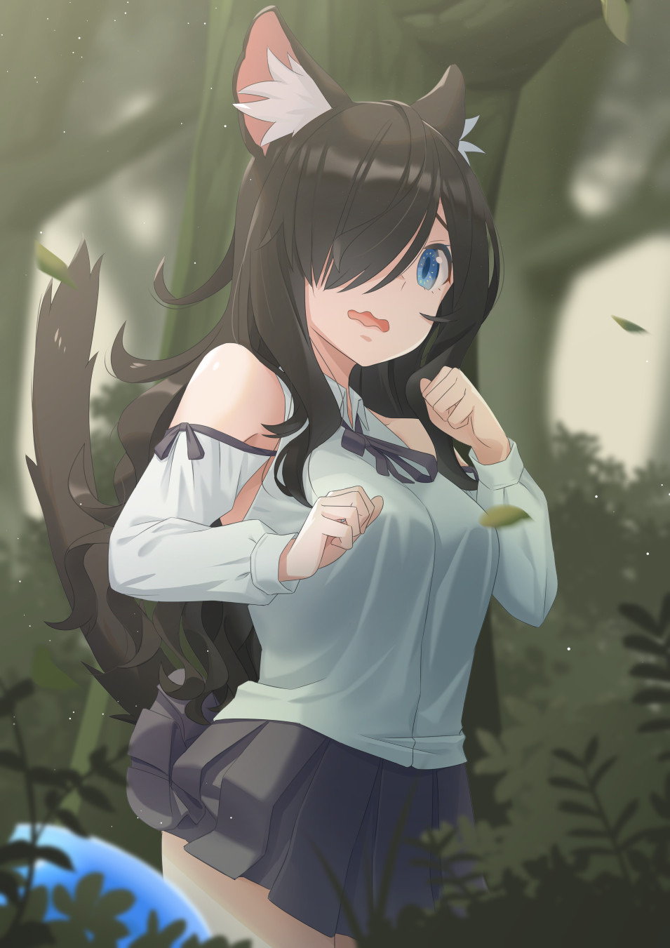 1girl animal_ear_fluff animal_ears bangs black_hair blue_eyes blurry blurry_background breasts cat_ears cat_tail clothing_cutout forest hair_over_one_eye highres medium_breasts nature nekoze_(s22834712) open_mouth original outdoors parted_bangs pleated_skirt shoulder_cutout skirt solo surprised tail tail_lift tu_ya_(nekoze)
