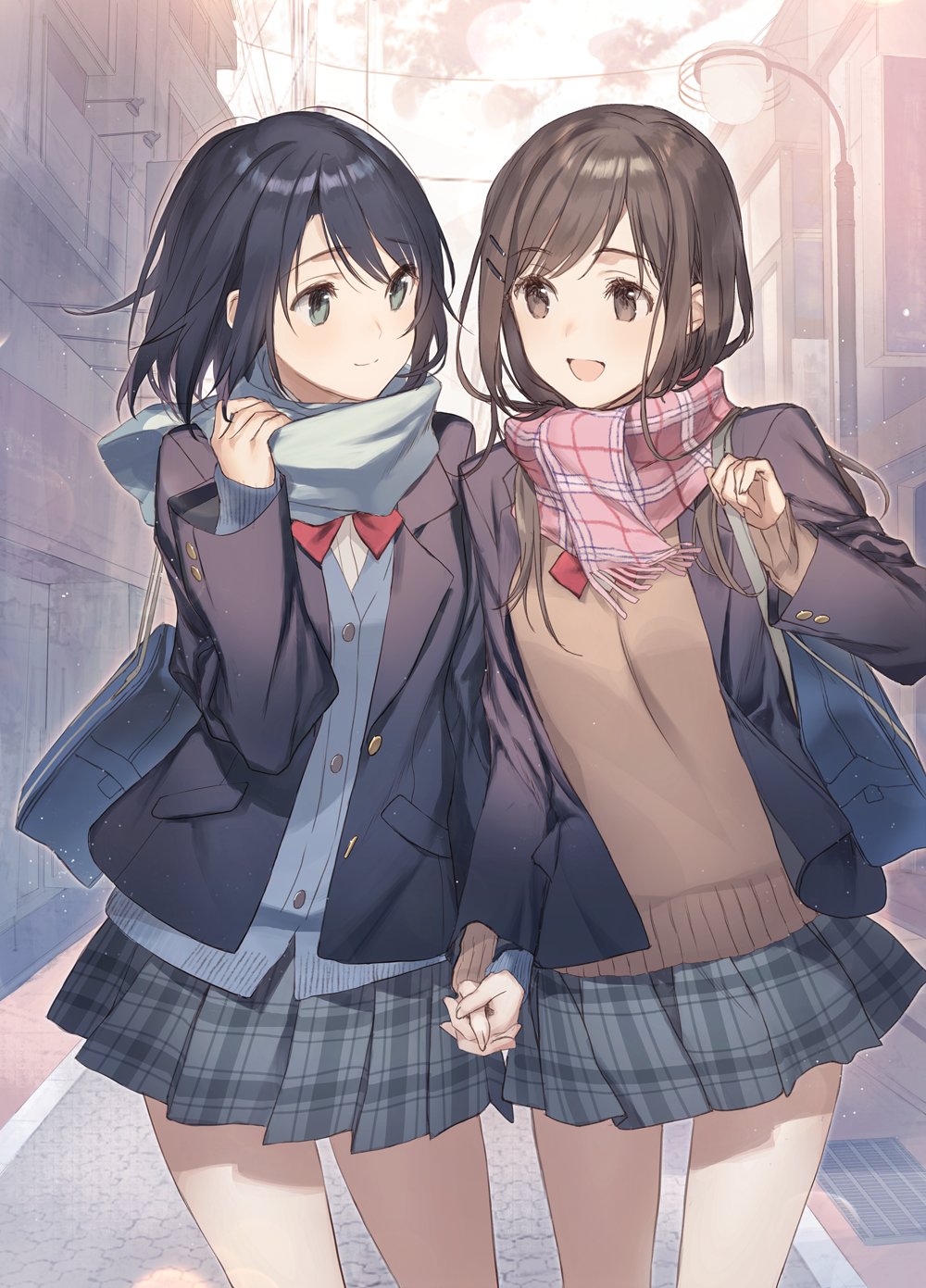 2girls adachi_sakura adachi_to_shimamura bag black_hair blazer blue_cardigan blue_eyes blue_scarf bow brown_eyes brown_hair brown_sweater cardigan closed_mouth hair_ornament hairclip highres holding_hands interlocked_fingers jacket lamppost long_hair long_sleeves looking_at_another miniskirt multiple_girls open_blazer open_jacket open_mouth pink_scarf plaid plaid_scarf plaid_skirt pleated_skirt red_bow scarf school_bag school_uniform shimamura_hougetsu shirt short_hair skirt smile sweater v-neck weee_(raemz) white_shirt yuri