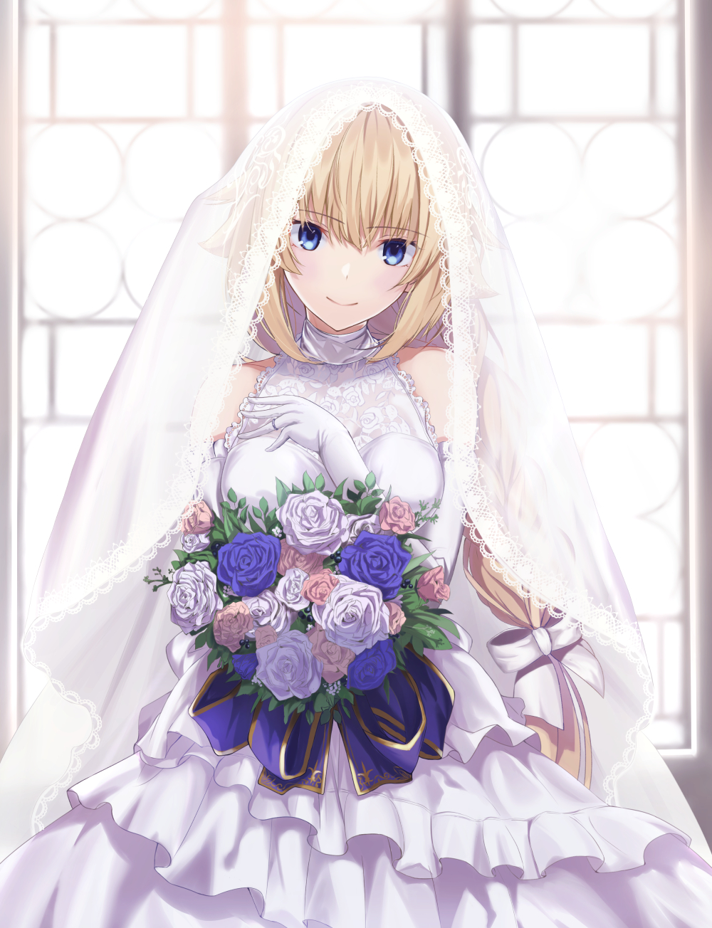 1girl alternate_costume bangs bare_shoulders blonde_hair blue_eyes bouquet bow braid braided_ponytail breasts bridal_veil bride closed_mouth commentary_request detached_sleeves dress elbow_gloves eyebrows_visible_through_hair fate/apocrypha fate/grand_order fate_(series) flower frilled_dress frills gloves hair_between_eyes hair_bow hair_ornament hand_on_own_chest highres holding holding_bouquet indoors jeanne_d'arc_(fate) jeanne_d'arc_(fate)_(all) jewelry long_dress long_hair looking_at_viewer medium_breasts neko_daruma pink_flower pink_rose purple_flower purple_rose ring rose sidelocks smile solo veil very_long_hair wedding_dress wedding_ring white_bow white_dress white_flower white_gloves white_rose white_sleeves window