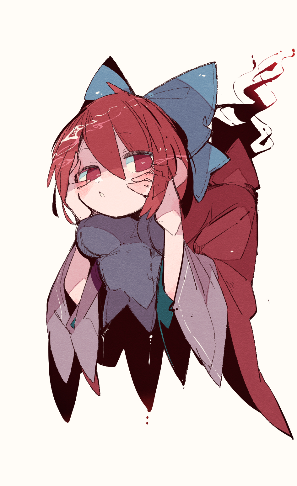 1girl black_shirt blue_bow bow breasts cape cropped_torso disembodied_head hair_bow highres holding_head impossible_clothes impossible_shirt looking_at_viewer massakasama medium_breasts red_cape red_eyes redhead sekibanki shirt short_hair simple_background solo touhou upper_body