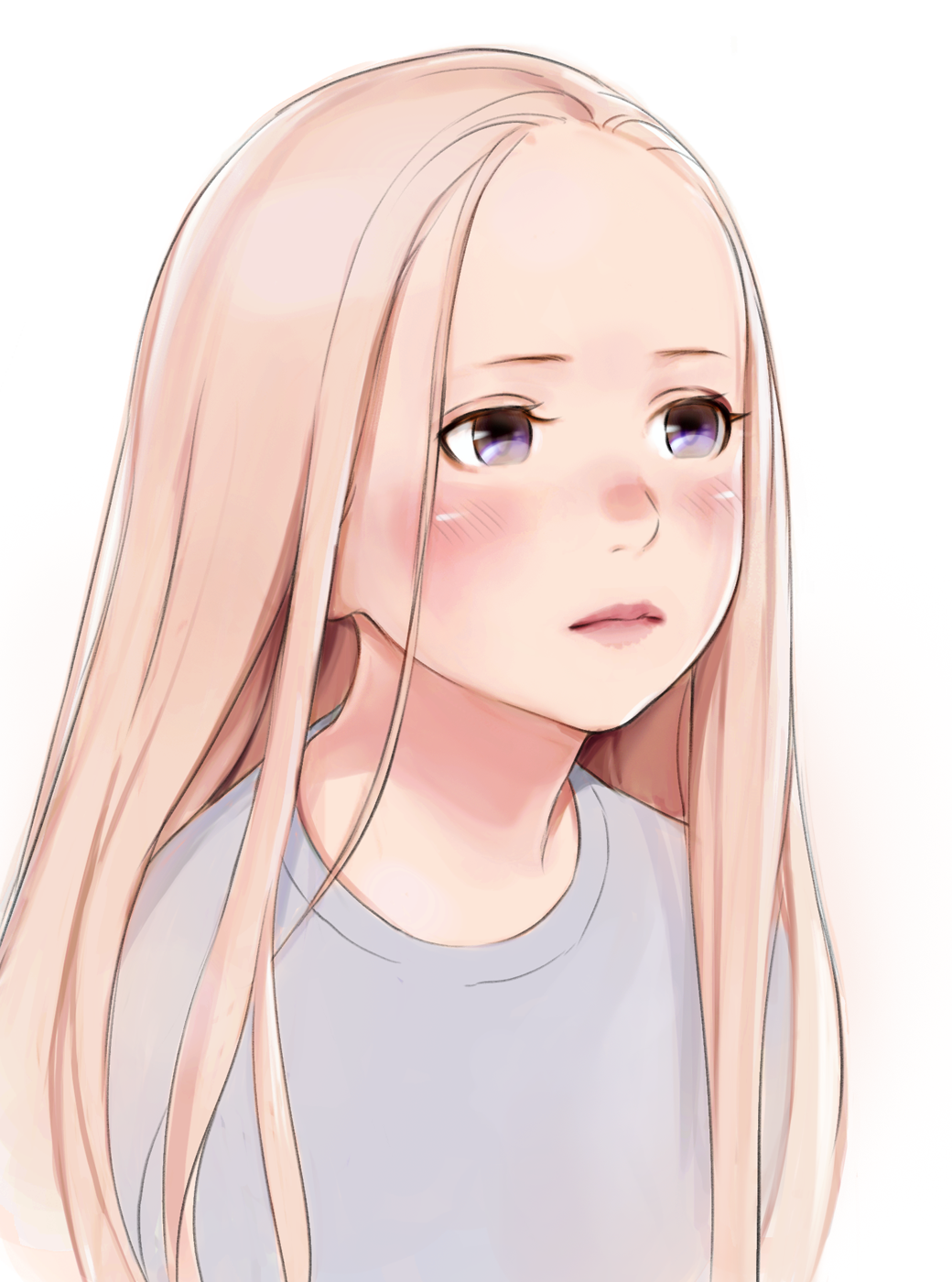 1girl blonde_hair blush closed_mouth forehead grey_shirt highres long_hair luimiart original pink_lips portrait shirt simple_background solo upper_body violet_eyes white_background