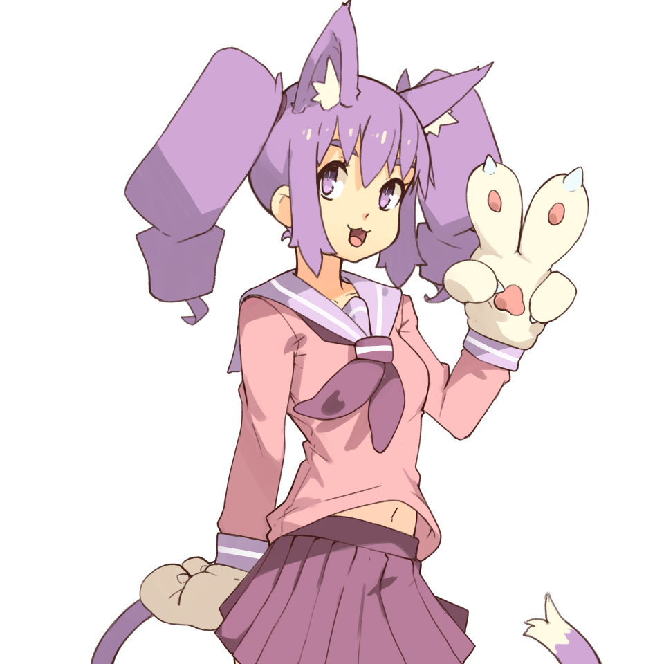 1girl :3 :d animal_ear_fluff animal_ears cat_ears cat_girl cat_tail commentary cowboy_shot drill_hair english_commentary gloves hand_up long_sleeves looking_at_viewer midriff_peek navel neckerchief open_mouth otachan paw_gloves paws pink_shirt pleated_skirt purple_hair purple_neckwear purple_sailor_collar purple_skirt sailor_collar school_uniform serafuku shirt simple_background skirt slit_pupils smile solo tail the_otachan_show twin_drills twintails v vins-mousseux violet_eyes white_background