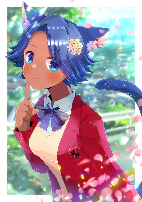 1girl :o animal_ear_fluff animal_ears bangs blazer blue_eyes blue_hair blurry blurry_background blush bow breasts cat_ears cat_girl cat_tail collared_shirt commentary_request dark-skinned_female dark_skin depth_of_field final_fantasy final_fantasy_xiv flower hair_flower hair_ornament hand_up jacket kouu_hiyoyo long_sleeves looking_at_viewer medium_breasts miqo'te open_clothes open_jacket original parted_bangs parted_lips pink_flower purple_bow red_jacket school_uniform shirt short_hair solo sweater_vest tail tail_raised upper_body white_shirt yellow_flower
