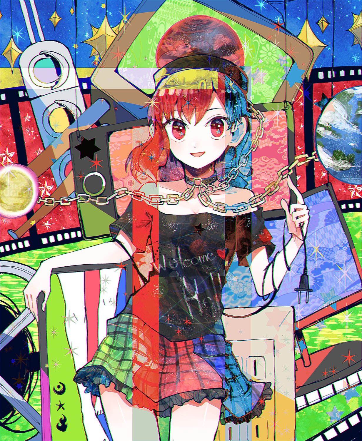 1girl :d bangs bare_shoulders black_choker black_shirt cable chain checkered checkered_skirt choker commentary_request cowboy_shot electric_plug english_text film_strip frilled_skirt frills hecatia_lapislazuli highres itomugi-kun looking_at_viewer medium_hair miniskirt multicolored multicolored_clothes multicolored_skirt open_mouth plaid plaid_skirt red_eyes redhead shirt short_sleeves skirt smile solo standing star_(symbol) strapless_shirt t-shirt touhou traffic_light