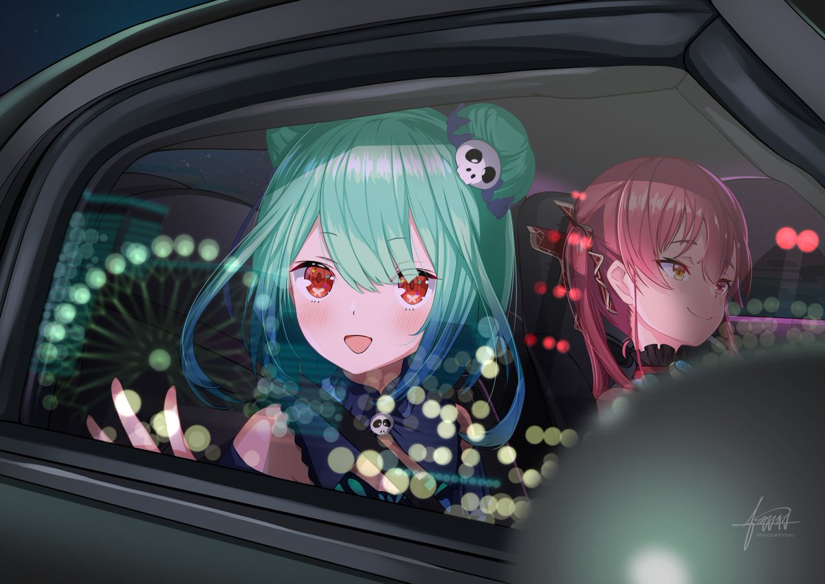 2girls car car_interior city_lights double_bun driving eyebrows_visible_through_hair ferris_wheel green_hair ground_vehicle hair_between_eyes hair_ornament heterochromia hinazuki_maara hololive houshou_marine motor_vehicle multiple_girls night open_mouth red_eyes redhead reflection signature skull_hair_ornament smile uruha_rushia virtual_youtuber