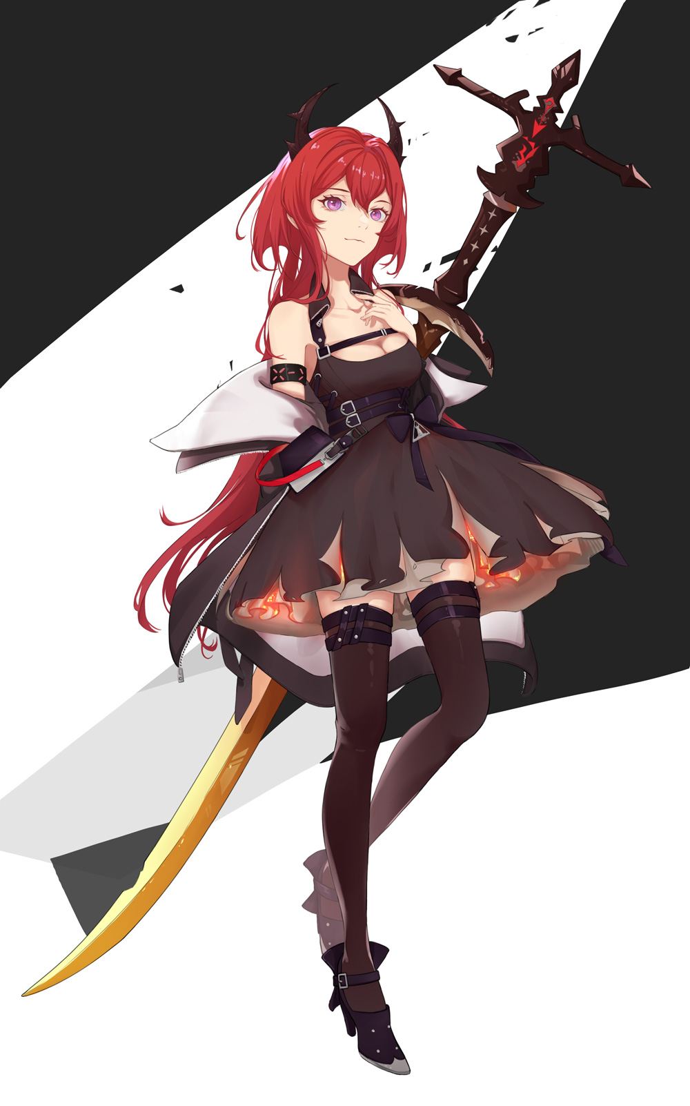 1girl arknights bangs bare_shoulders black_background black_dress black_footwear black_legwear chest_strap commentary_request dress full_body hair_between_eyes hand_on_own_chest high_heels highres horns infection_monitor_(arknights) long_hair looking_at_viewer nekonomi off_shoulder redhead reverse_grip short_dress simple_background smile solo standing surtr_(arknights) sword thigh-highs two-tone_background very_long_hair violet_eyes weapon weapon_on_back white_background zettai_ryouiki