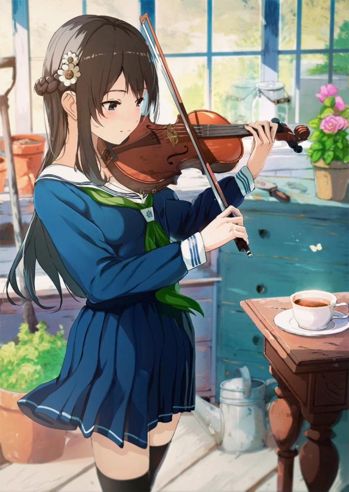 1girl black_hair braid cup flower instrument long_hair music original playing_instrument school_uniform solo tea teacup thigh-highs violin yoshitake