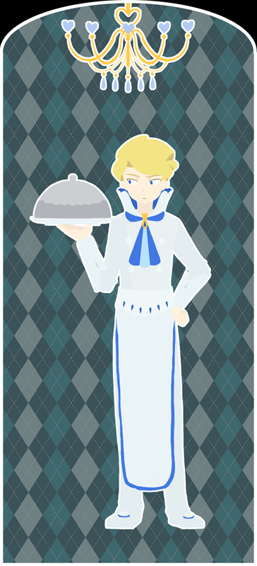 1boy apron argyle argyle_background arm_at_side blonde_hair blue_background blue_eyes blue_neckwear border buttons chandelier chef chef_uniform commentary_request double-breasted elite_four foxrain1223 heart holding holding_tray looking_to_the_side neckerchief pants partial_commentary pokemon pokemon_(game) pokemon_xy sanpaku siebold_(pokemon) standing tray white_apron white_border white_pants white_uniform