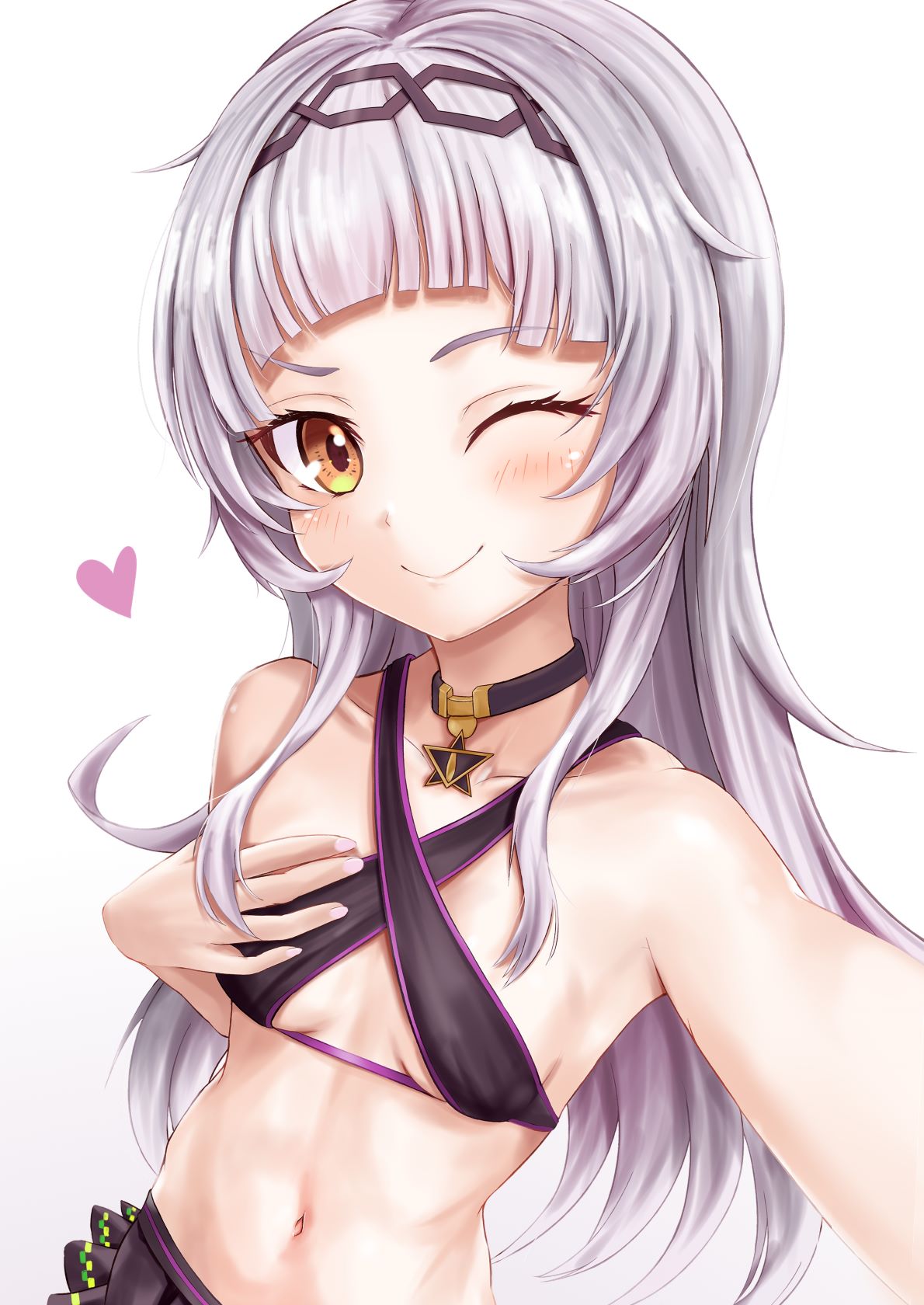 1girl bangs bare_arms bare_shoulders bikini_skirt black_choker blunt_bangs blush breasts choker collarbone hairband hand_on_breast heart highres hololive liu5114 long_hair looking_at_viewer murasaki_shion nail_polish navel one_eye_closed outstretched_arm silver_hair simple_background small_breasts smile solo under_boob upper_body virtual_youtuber white_background yellow_eyes