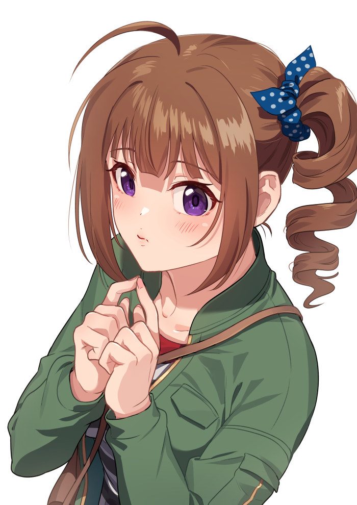 1girl ahoge bag bangs blush brown_hair closed_mouth eyebrows_visible_through_hair fingers_together idolmaster idolmaster_million_live! idolmaster_million_live!_theater_days jacket kamille_(vcx68) long_hair looking_at_viewer shirt side_ponytail simple_background solo striped striped_shirt upper_body violet_eyes white_background yokoyama_nao