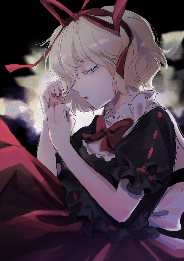1girl black_background blonde_eyelashes blonde_hair blue_eyes bow breasts capelet doll eyebrows_visible_through_hair frilled_shirt frilled_shirt_collar frilled_sleeves frills half-closed_eyes medicine_melancholy nameless_hill parted_lips plumapple3 puffy_short_sleeves puffy_sleeves red_bow red_neckwear red_ribbon ribbon serious shirt short_hair short_sleeves small_breasts solo somber touhou wavy_hair white_capelet