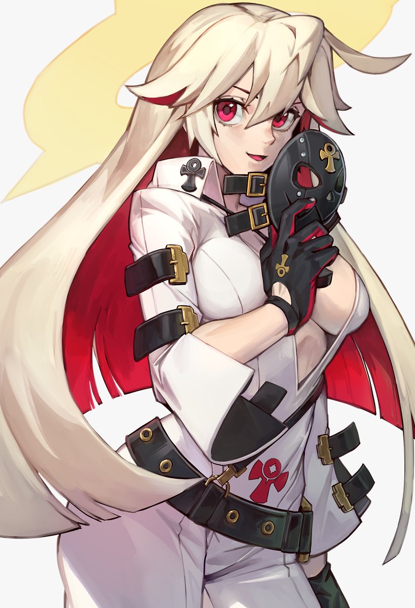 1girl ankh bangs guilty_gear guilty_gear_xrd highres jack-o'_valentine long_hair looking_at_viewer mask mask_removed multicolored_hair red_eyes redhead smile two-tone_hair uncle_rabbit_ii very_long_hair white_hair