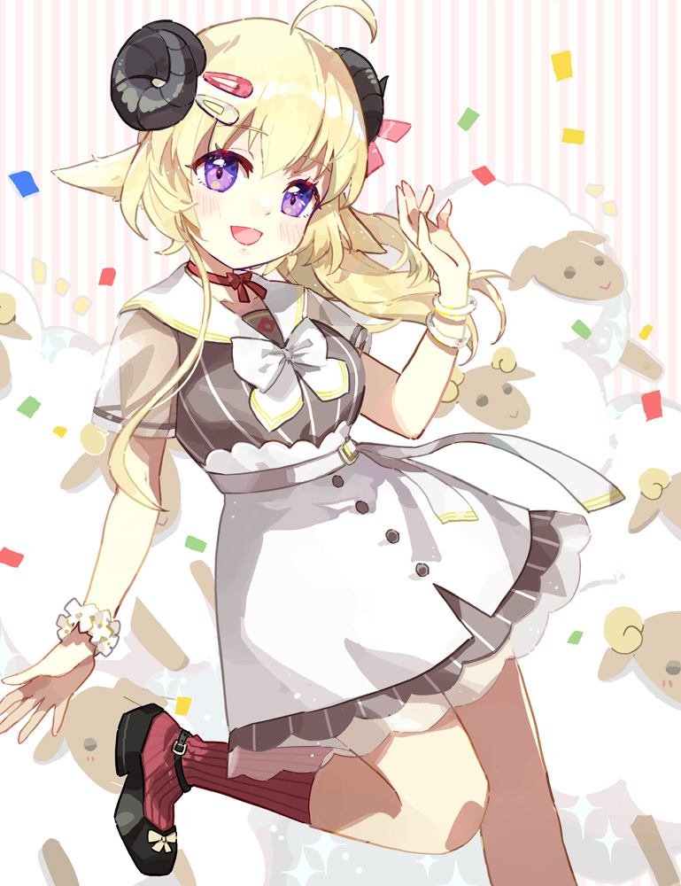 1girl :d ahoge animal animal_ears bangs black_footwear blonde_hair blush bow breasts commentary_request confetti curled_horns eyebrows_visible_through_hair feet_out_of_frame flower grey_shirt hair_between_eyes hair_ornament hairclip hand_up hololive horns long_hair looking_at_viewer medium_breasts open_mouth red_legwear ribbed_legwear sailor_collar see-through shadowsinking sheep sheep_ears sheep_girl sheep_horns shirt shoes short_sleeves skirt smile socks solo standing standing_on_one_leg striped striped_background tsunomaki_watame vertical_stripes violet_eyes virtual_youtuber white_bow white_flower white_sailor_collar white_skirt