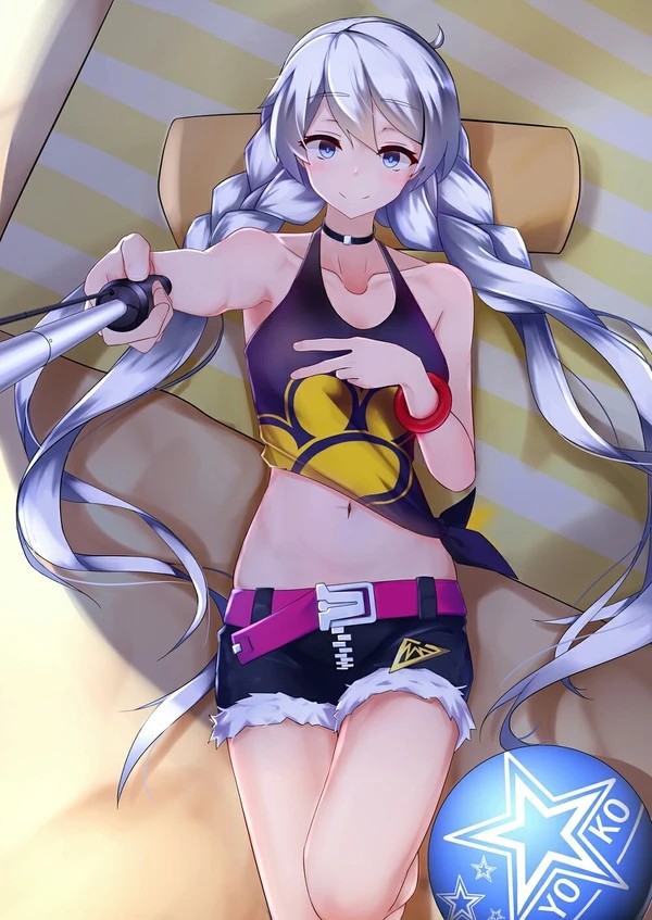 1girl ball beach beachball blue_eyes braid closed_mouth honkai_(series) honkai_impact_3rd kiana_kaslana looking_at_viewer mi_yao_ye_yoko navel sand selfie selfie_stick smile solo twin_braids v white_hair