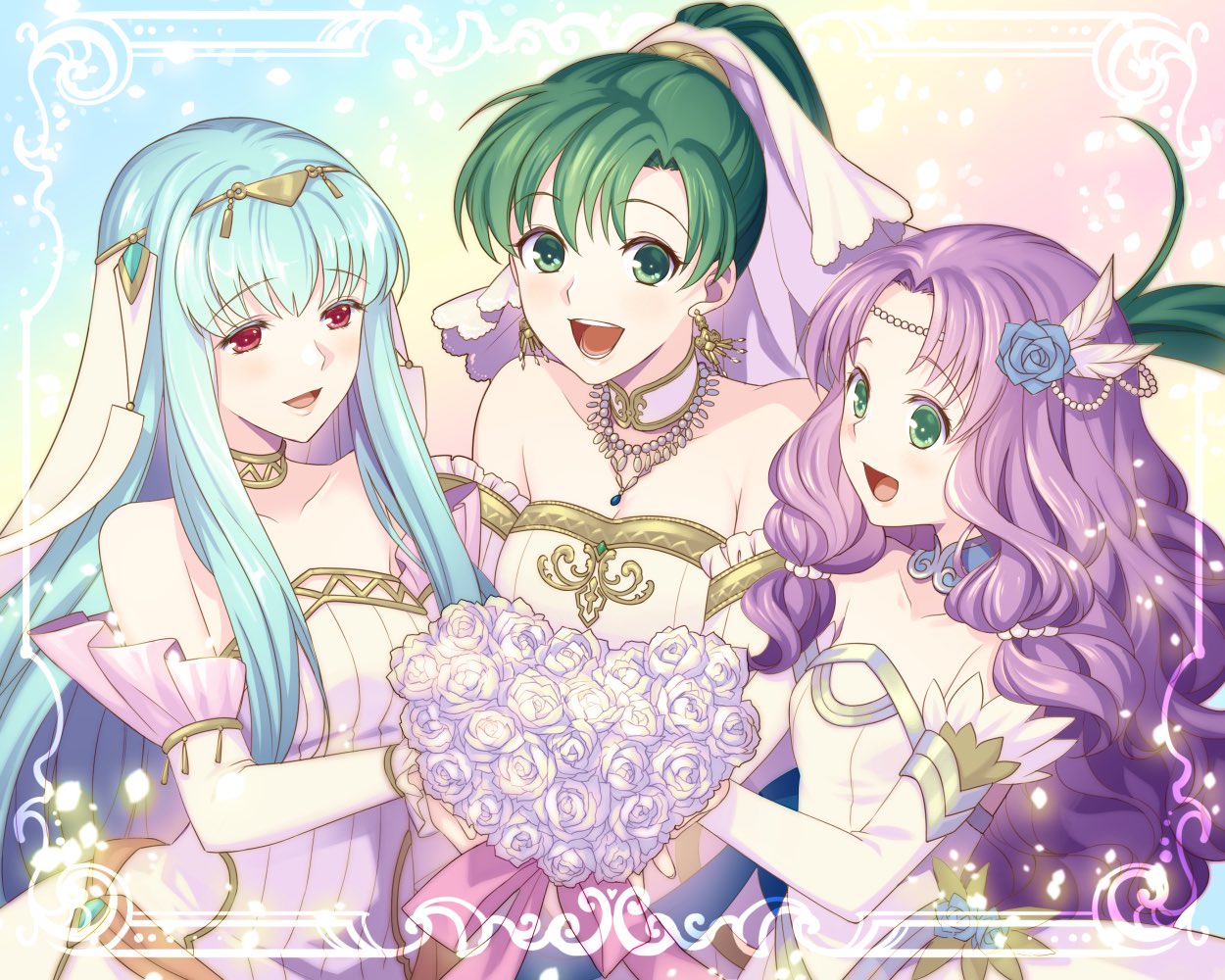 3girls alternate_costume dress earrings fire_emblem fire_emblem:_the_blazing_blade fire_emblem_heroes florina_(fire_emblem) flower green_eyes green_hair hair_flower hair_ornament jewelry kori_kms light_blue_hair long_hair looking_at_viewer lyn_(fire_emblem) multiple_girls necklace ninian_(fire_emblem) ponytail purple_hair red_eyes smile wedding_dress white_flower