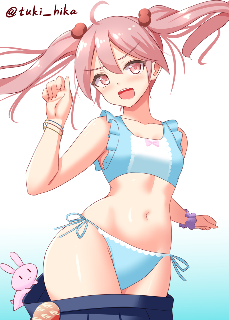 1girl badge bikini blue_background blue_bikini blue_skirt cowboy_shot frilled_bikini frills gradient gradient_background hair_bobbles hair_ornament kantai_collection long_hair one-hour_drawing_challenge one_eye_closed pink_eyes pink_hair rabbit sazanami_(kancolle) skirt solo swimsuit tokyo_yamane twintails undressing wardrobe_malfunction wide_hips