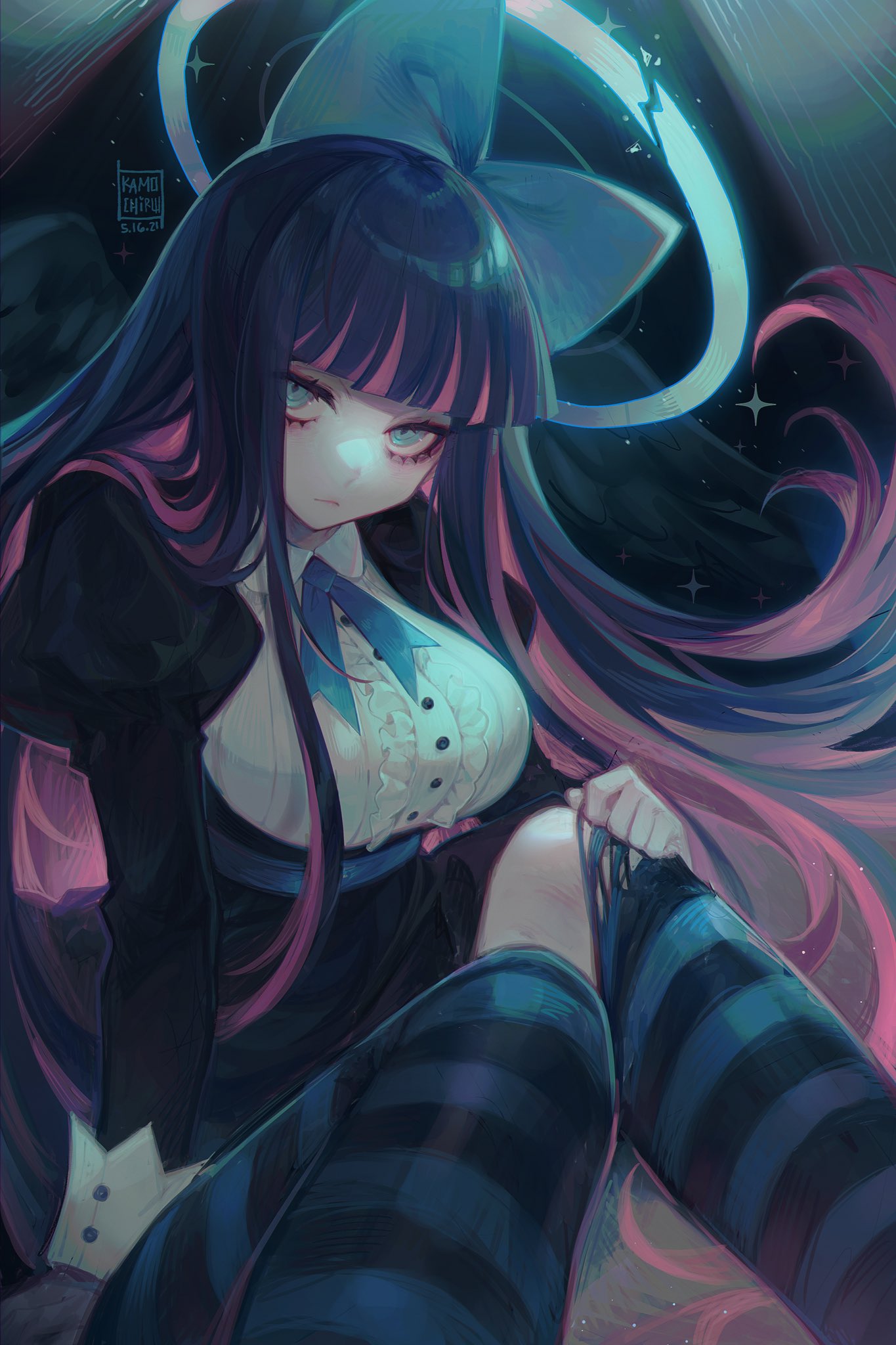 bangs black_dress black_hair blue_bow blue_eyes blunt_bangs bow breasts colored_inner_hair commentary dated dress feet_out_of_frame hair_bow halo highres juliet_sleeves kamochiru large_breasts long_sleeves looking_at_viewer multicolored_hair panty_&amp;_stocking_with_garterbelt pink_hair puffy_sleeves shirt signature sitting stocking_(psg) striped striped_legwear torn_clothes torn_legwear white_shirt wings