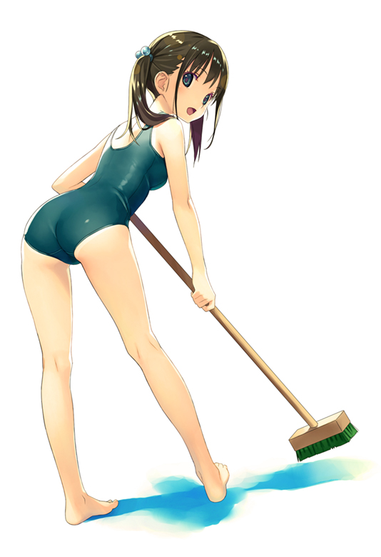 1girl :d ass bangs bare_arms bare_legs bare_shoulders barefoot black_hair blue_eyes blue_swimsuit broom commentary_request from_behind full_body hair_bobbles hair_ornament holding holding_broom koutaro leaning_forward long_hair looking_at_viewer looking_back one-piece_swimsuit open_mouth original school_swimsuit smile solo standing swimsuit thighs twintails white_background