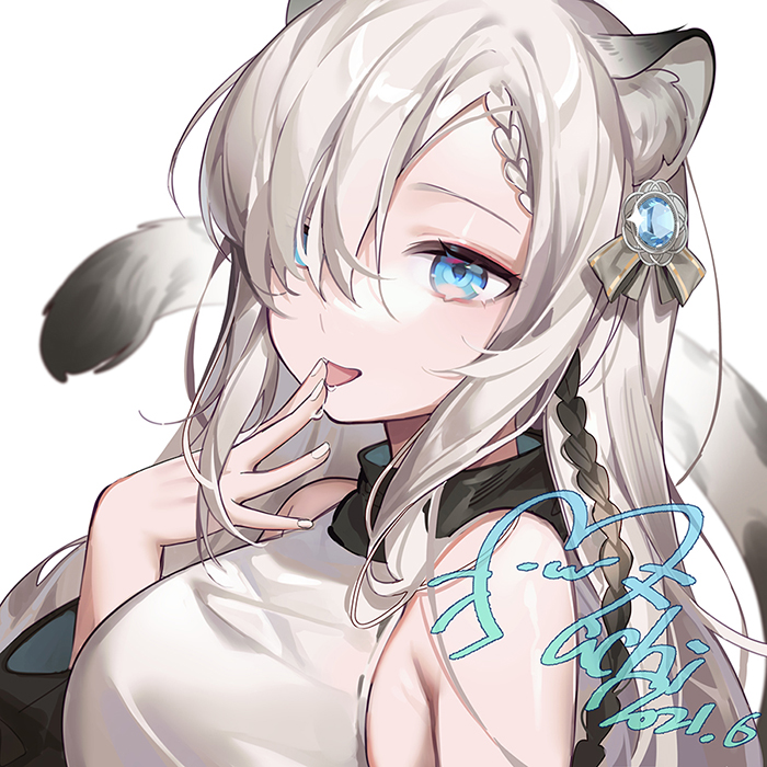 1girl animal_ear_fluff animal_ears blue_eyes braid clothing_request commentary_request dated finger_licking hair_ornament hair_over_one_eye hand_up heart licking long_hair looking_at_viewer machi_(7769) original silver_hair simple_background sleeveless solo tail tongue upper_body white_background