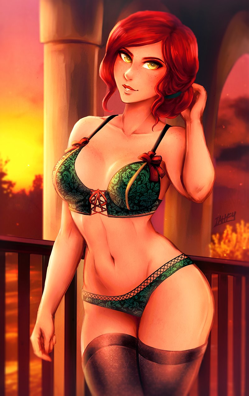 1girl arm_up bangs black_legwear bra breasts breasts_apart cowboy_shot green_bra green_panties hand_up highres iahfy medium_breasts navel panties parted_bangs plant redhead smile solo the_witcher the_witcher_3 thigh-highs triss_merigold underwear underwear_only yellow_eyes