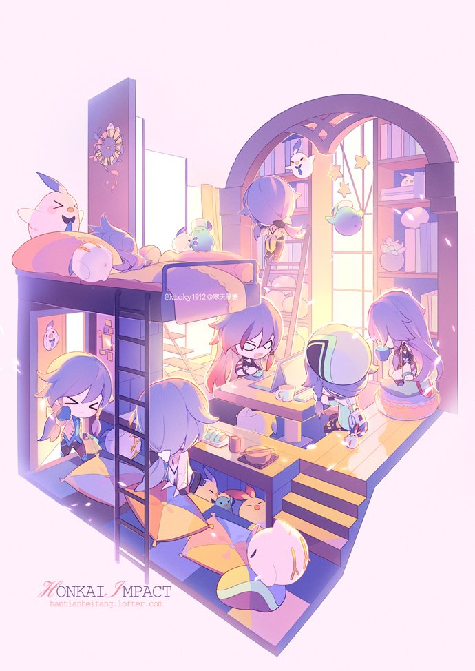 &gt;_&lt; 6+girls alternate_costume alternate_hair_color alternate_hairstyle angry bed bed_sheet beret book bookshelf chibi closed_eyes closed_mouth coffee_cup coffee_mug computer cup disposable_cup door drinking food fu_hua fu_hua_(night_squire) grey_hair hat honkai_(series) honkai_impact_3rd indoors kickylian ladder laptop mug multiple_girls necktie open_mouth pillow plant reading room sleeping stairs stuffed_toy table waving white_hair white_headwear window