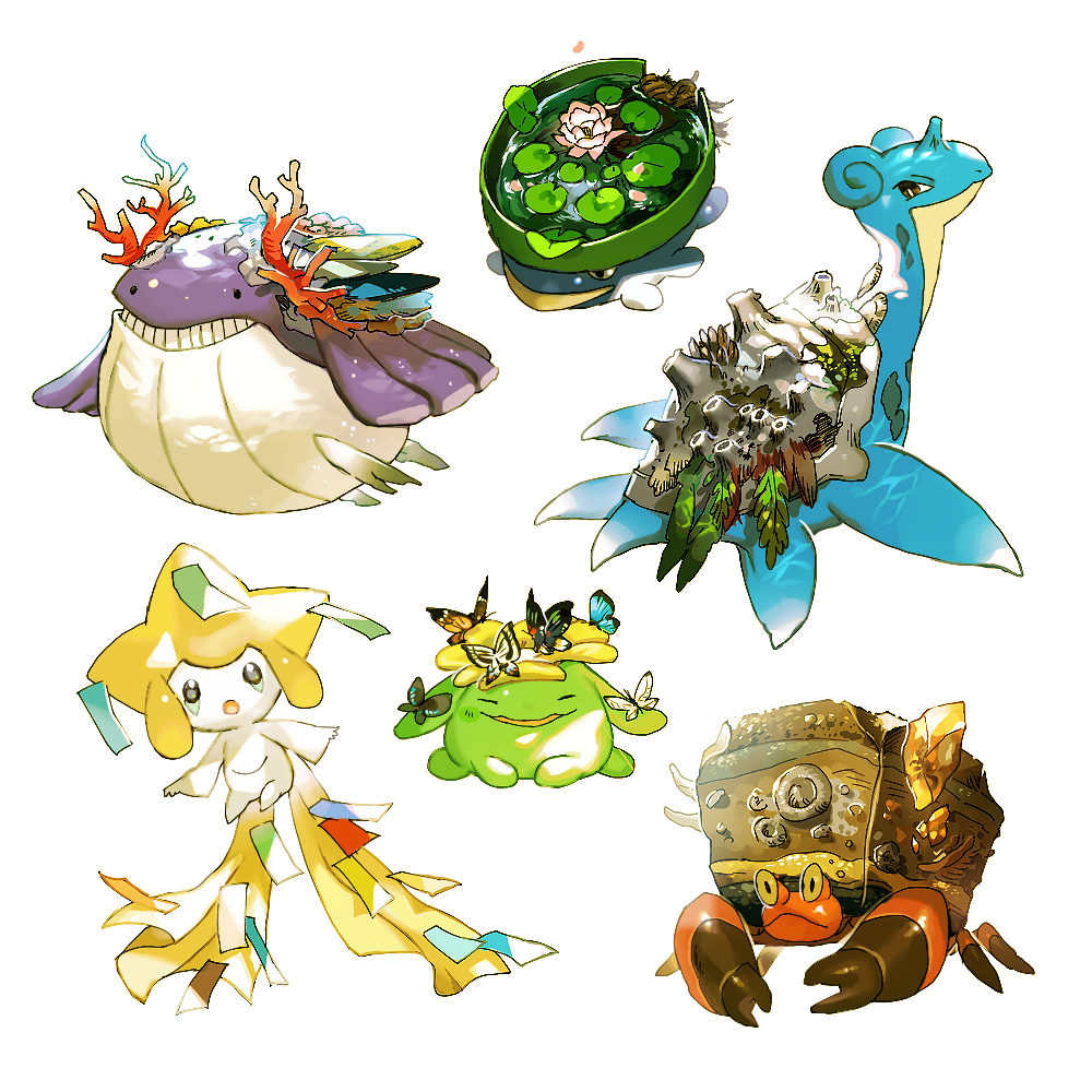 :&lt; :o alternate_color black_eyes bright_pupils bug butterfly closed_eyes closed_mouth commentary_request coral crustle gen_1_pokemon gen_2_pokemon gen_3_pokemon gen_5_pokemon insect jirachi lapras lily_pad looking_back lotad mythical_pokemon newo_(shinra-p) no_humans open_mouth pokemon pokemon_(creature) shiny_pokemon skiploom smile teeth wailmer water white_pupils