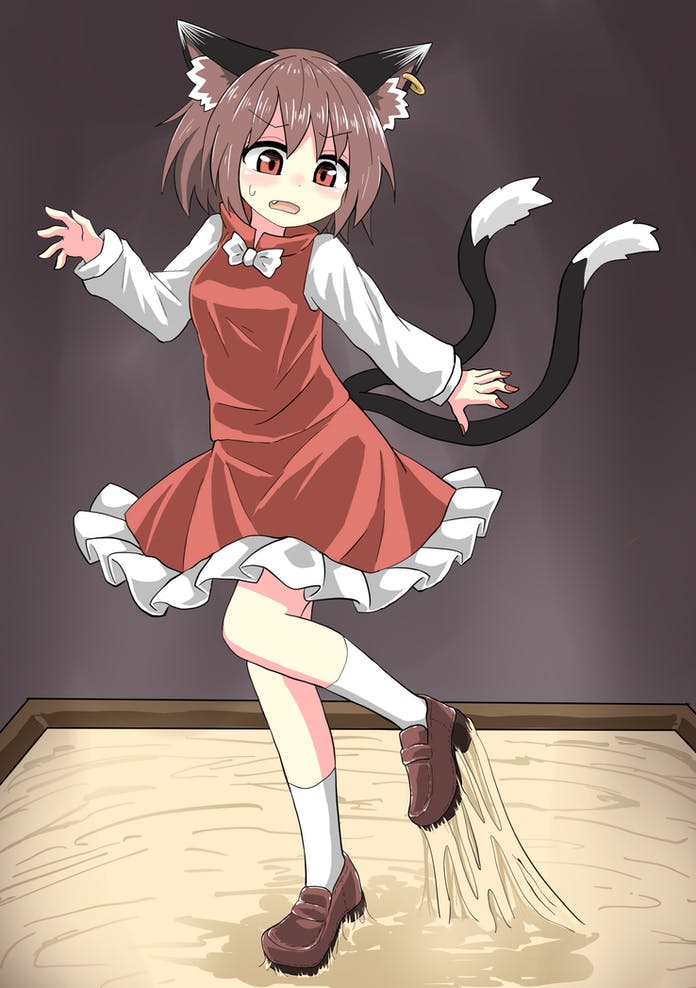 1girl animal_ear_fluff animal_ears blush cat_ears cat_tail chen chups commission d: dress earrings fang full_body grey_background jewelry multiple_tails nekomata no_hat no_headwear open_mouth red_dress simple_background single_earring skeb_commission solo sticky tail touhou two_tails