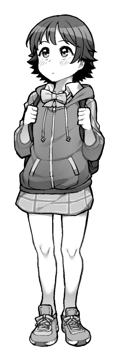 1girl backpack bag blush bow bowtie closed_mouth collared_shirt full_body greyscale highres honda_mio hood hood_down hoodie idolmaster idolmaster_cinderella_girls jp06 looking_up monochrome shirt shoes short_hair simple_background solo white_background wing_collar