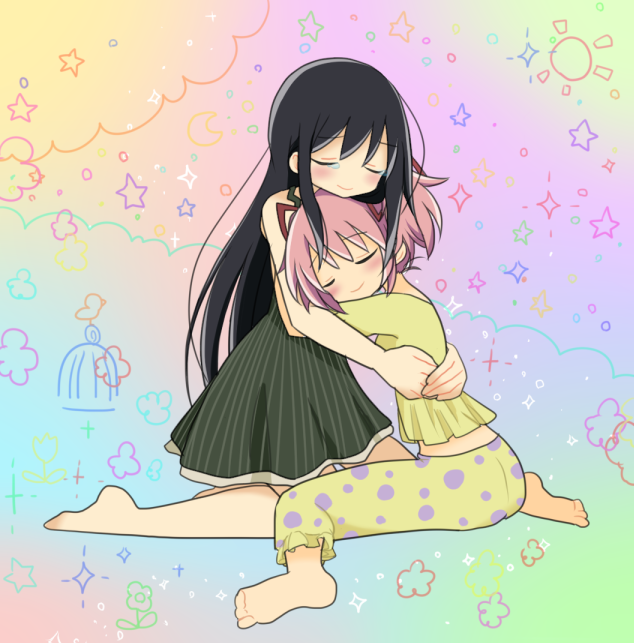 2girls akemi_homura bare_legs barefoot bird black_dress black_hair cage child_drawing closed_eyes closed_mouth cloud_background crescent_moon dress floral_background flower frills full_body furrowed_brow gradient gradient_background hair_between_eyes hair_ribbon hands_on_another's_back happy happy_tears head_rest hug kaname_madoka kneeling light_blush light_particles long_hair mahou_shoujo_madoka_magica moon multicolored multicolored_background multiple_girls mutual_hug no_nose pajamas pink_hair pokki_(sue_eus) polka_dot polka_dot_pajamas red_ribbon ribbon short_dress sparkle sparkle_background spread_legs star_(symbol) starry_background striped striped_dress sun_symbol tearing_up tears twintails vertical-striped_dress vertical_stripes