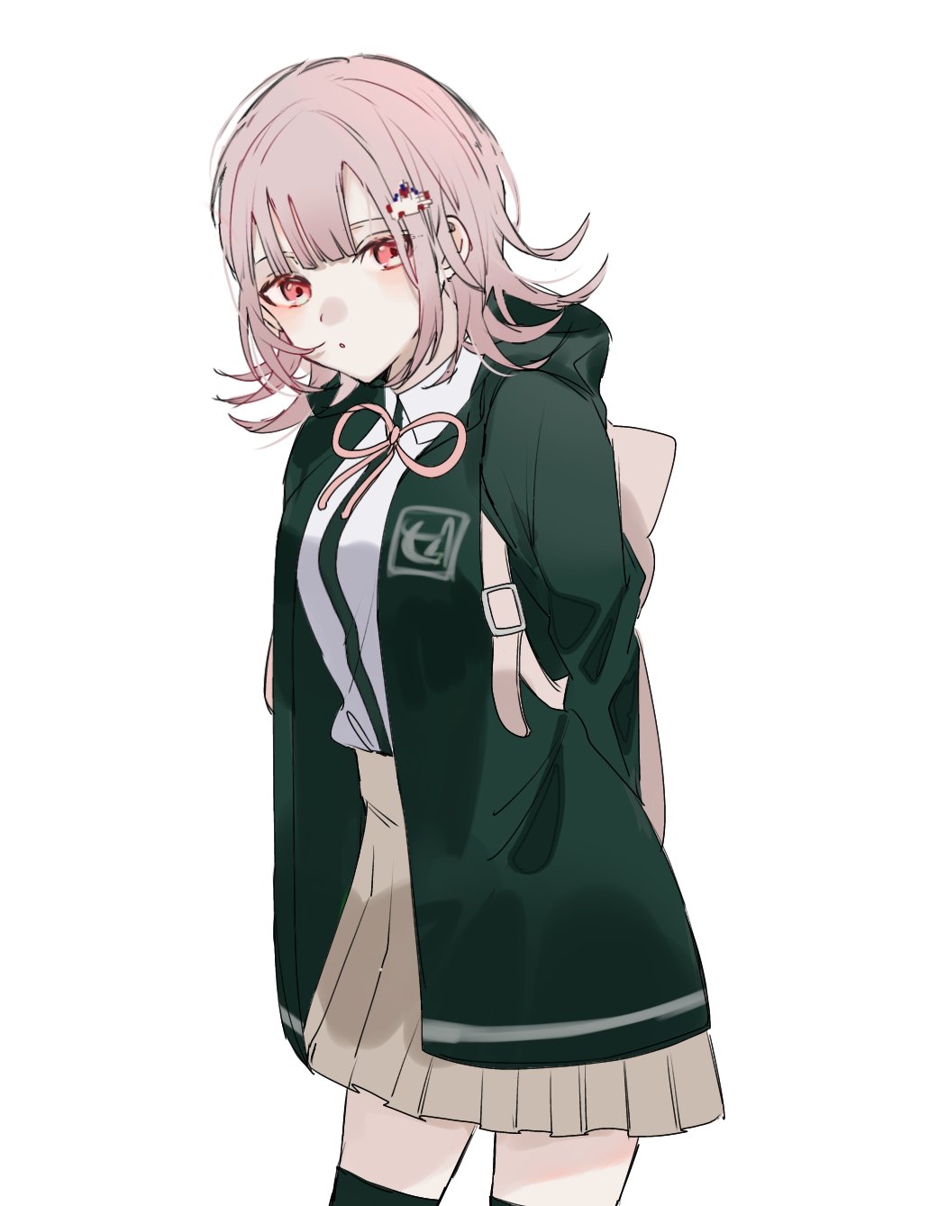 1girl backpack bag bangs bi_(ao_xox) black_legwear black_shirt brown_hair collared_shirt commentary cowboy_shot dangan_ronpa_(series) dangan_ronpa_2:_goodbye_despair eyebrows_visible_through_hair flipped_hair green_jacket grey_background hair_ornament hairclip highres hood hood_down hooded_jacket jacket long_sleeves looking_at_viewer nanami_chiaki neck_ribbon open_clothes open_jacket pink_ribbon pleated_skirt ribbon shirt shirt_tucked_in simple_background skirt solo spaceship_hair_ornament thigh-highs white_background white_shirt zettai_ryouiki