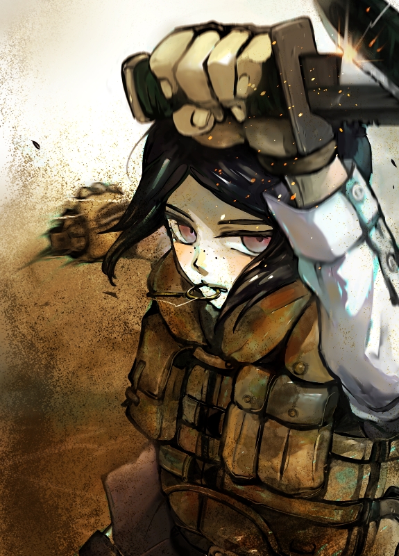 1girl arm_up bangs black_hair brown_background brown_gloves bulletproof_vest dangan_ronpa:_trigger_happy_havoc dangan_ronpa_(series) explosive fingerless_gloves freckles gloves gradient gradient_background grenade grey_eyes hand_up holding ikusaba_mukuro long_sleeves looking_at_viewer mouth_hold nagasaki_iero solo upper_body