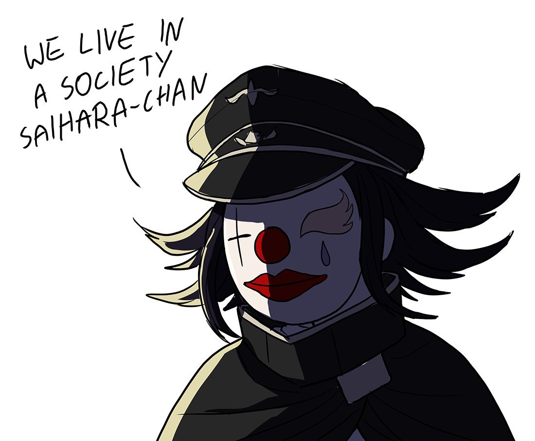 1boy black_cape black_hair black_headwear cape cheer_(cheerkitty14) clown_nose commentary dangan_ronpa_(series) dangan_ronpa_v3:_killing_harmony english_commentary english_text flipped_hair grey_background hat joker_(2019) lips male_focus mask medium_hair meme military military_uniform ouma_kokichi peaked_cap simple_background solo teardrop uniform we_live_in_a_society white_background