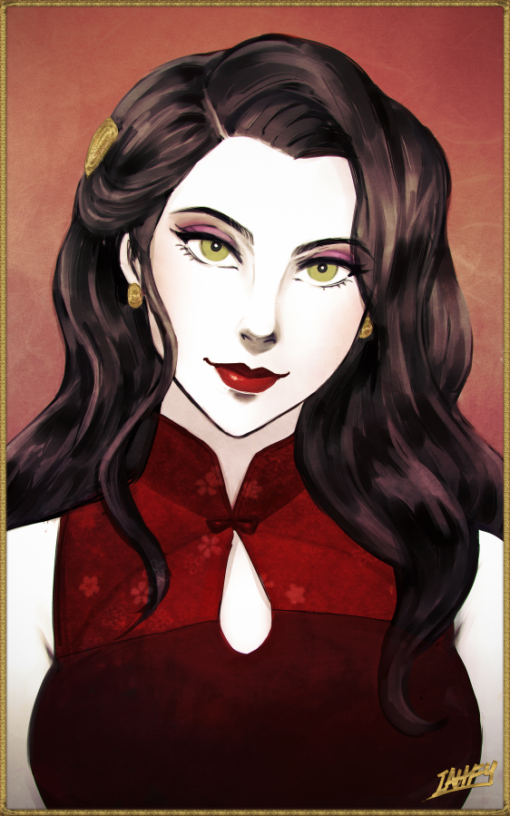 1girl artist_name asami_sato avatar_(series) black_hair brown_eyes earrings iahfy jewelry long_hair looking_at_viewer sleeveless smile solo the_legend_of_korra upper_body