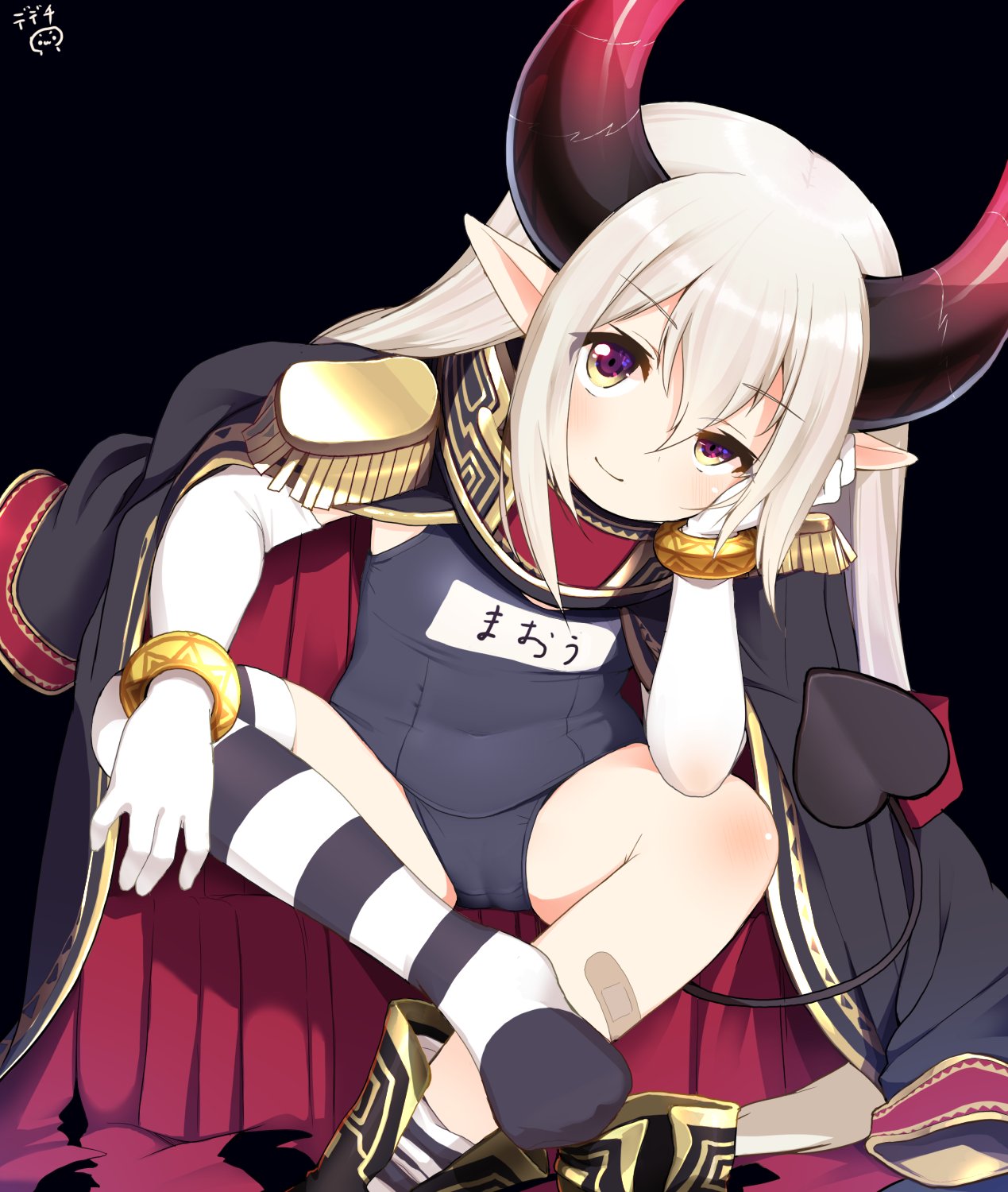 1girl bangle black_background blue_swimsuit blush boot_removed boots bracelet commentary_request curled_horns demon_girl demon_horns demon_tail elbow_gloves emma_august epaulettes eyebrows_visible_through_hair gloves gold_trim gradient_horns grey_hair head_rest highres horns jacket jacket_on_shoulders jewelry long_hair looking_at_viewer mismatched_legwear multicolored_horns name_tag nejime nijisanji old_school_swimsuit one-piece_swimsuit pointy_ears red_horns school_swimsuit simple_background single_boot single_thighhigh sitting smile solo striped striped_legwear swimsuit tail thigh-highs virtual_youtuber white_gloves yellow_eyes
