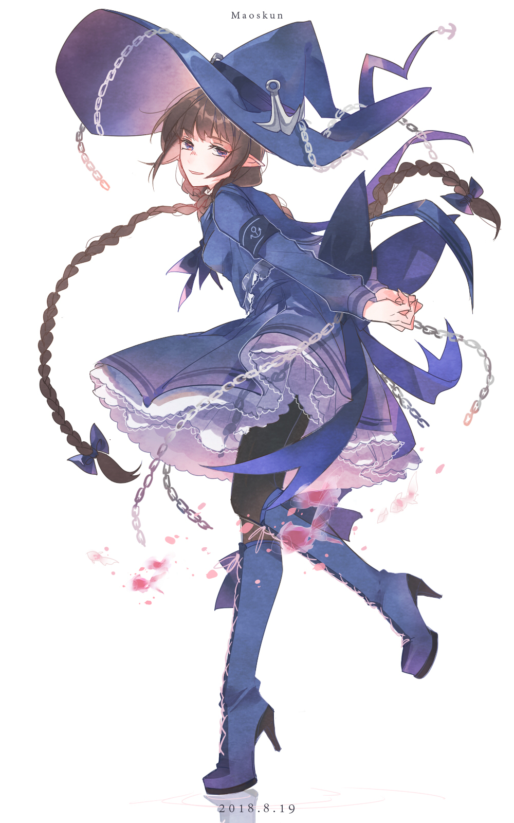 1girl anchor anchor_print anchor_symbol armband back_bow blue_dress blue_eyes blue_footwear blue_headwear blue_neckwear blue_sailor_collar boots bow braid brown_hair chain dress fish frilled_dress frills hat high_heel_boots high_heels highres long_hair long_sleeves maou_skun neckerchief oounabara_to_wadanohara pointy_ears sailor_collar sleeve_cuffs solo thigh-highs thigh_boots translucent twin_braids very_long_hair wadanohara witch_hat