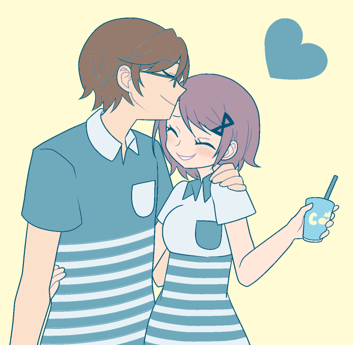 1boy 1girl aqua_shirt arm_at_side beige_background breast_pocket breasts brown-framed_eyewear brown_hair collared_shirt couple cup disposable_cup drinking_straw eyebrows_visible_through_hair eyelashes forehead_kiss glasses grey_shirt hair_ornament hairclip hand_on_another's_shoulder hand_on_another's_waist happy heart heart_background height_difference hetero holding holding_cup husband_and_wife kaname_junko kaname_tomohisa kiss light_blush light_brown_hair mahou_shoujo_madoka_magica medium_breasts pocket pokki_(sue_eus) polo_shirt shirt short_sleeves simple_background smile striped striped_shirt upper_body