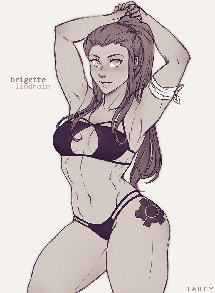 1girl armpits arms_up artist_name bikini black_bikini blush brigitte_(overwatch) character_name character_request check_character cowboy_shot greyscale hair_pulled_back iahfy long_hair looking_at_viewer monochrome overwatch parted_lips ponytail simple_background smile solo swimsuit tattoo white_background white_eyes