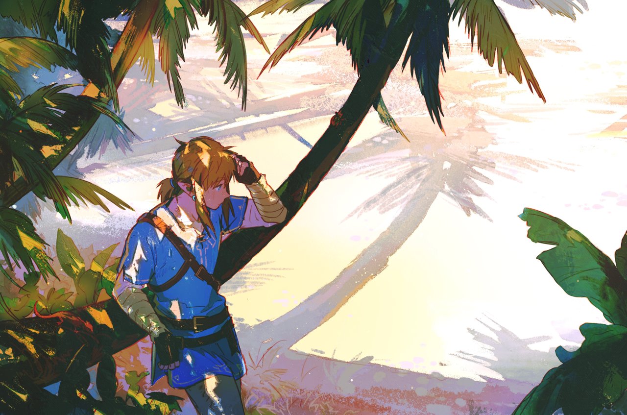 1boy animal bandaged_arm bandages bangs beach blonde_hair blue_tunic brown_gloves closed_mouth earrings fingerless_gloves gloves jewelry leaf lingcod_dayu link male_focus palm_tree pants pointy_ears ponytail profile salamander shade shadow solo the_legend_of_zelda the_legend_of_zelda:_breath_of_the_wild tree tunic