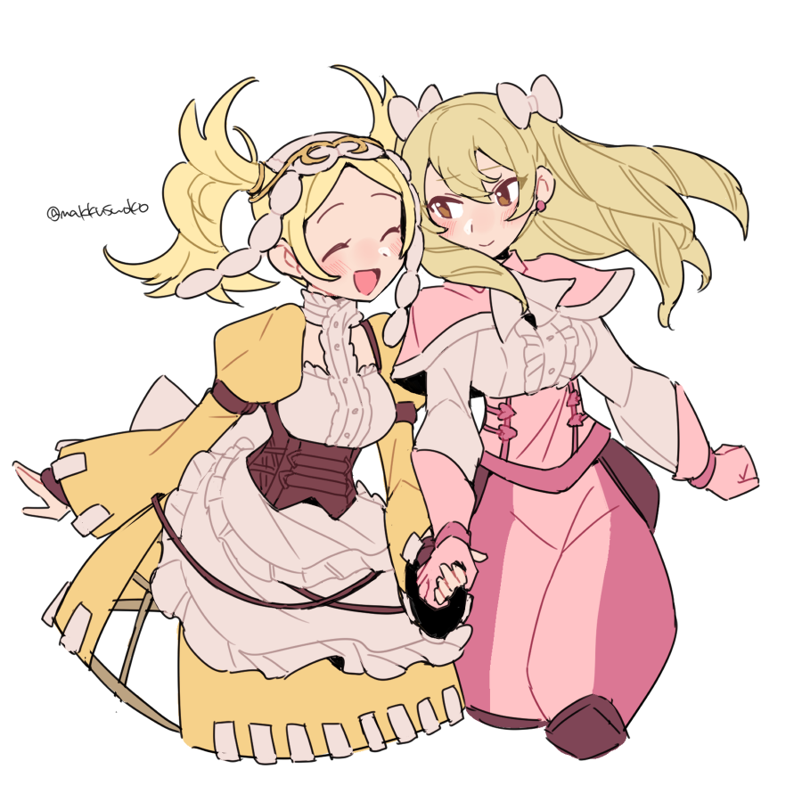 2girls apron bangs blonde_hair blush bow closed_eyes cravat do_m_kaeru dress drill_hair earrings eyebrows_visible_through_hair fire_emblem fire_emblem_awakening gloves hair_between_eyes hair_bow hair_ornament holding_hands jewelry lissa_(fire_emblem) long_hair long_sleeves maribelle_(fire_emblem) multiple_girls open_mouth pants pink_gloves puffy_sleeves smile twintails twitter_username white_background white_bow