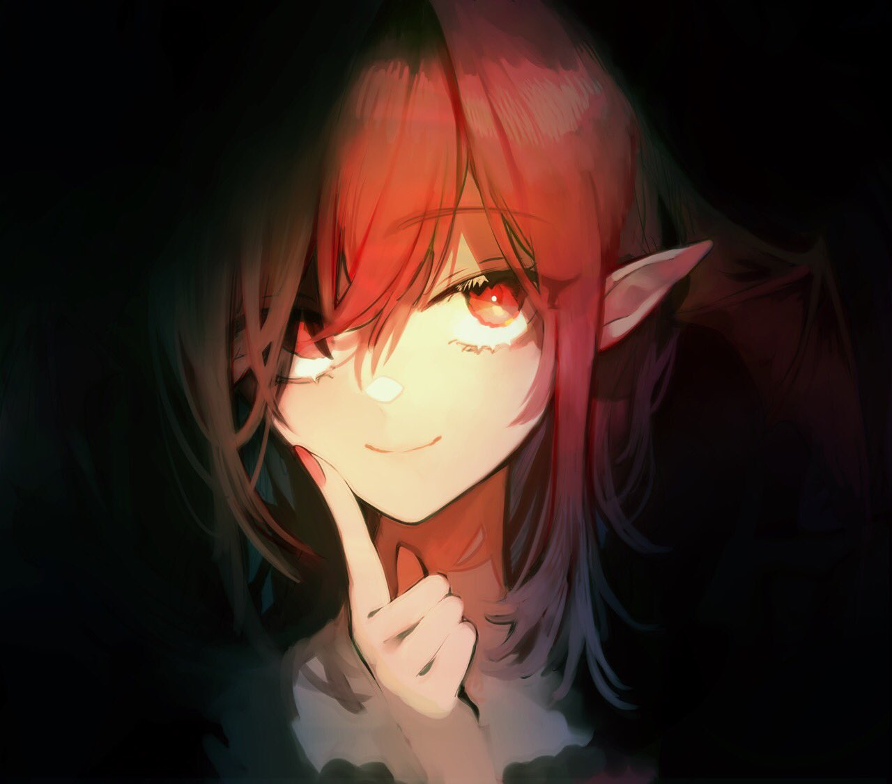 1girl dark_background darkness eyebrows_visible_through_hair eyes_visible_through_hair face finger_to_cheek head_wings koakuma looking_away nail_polish pointy_ears red_eyes red_nails redhead risui_(suzu_rks) simple_background smile solo touhou