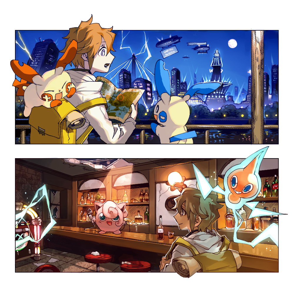 1boy backpack bag bangs bar bottle bright_pupils commentary_request electricity fence gen_1_pokemon gen_3_pokemon gen_4_pokemon grey_eyes holding holding_map hood hood_down hoodie indoors jigglypuff jukebox long_sleeves male_focus map minun moon newo_(shinra-p) night open_mouth orange_hair outdoors plusle pokemon pokemon_on_back rotom rotom_(normal) sky stool white_hoodie white_pupils yellow_bag