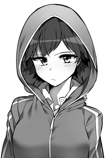 1girl blush closed_mouth greyscale honda_mio hood hood_up idolmaster idolmaster_cinderella_girls jacket jp06 looking_at_viewer monochrome short_hair simple_background solo upper_body white_background