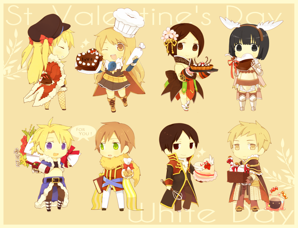 4boys 4girls alchemist_(ragnarok_online) animal_around_neck armor armored_boots bag bangle bangs belt black_coat black_eyes black_footwear black_gloves black_hair black_shirt black_shorts blonde_hair blue_belt blue_cape blue_gloves blue_jacket book boots bottle bouquet bracelet breastplate brown_belt brown_cape brown_coat brown_dress brown_eyes brown_footwear brown_gloves brown_hair brown_headband brown_legwear brown_pants brown_shirt cake candy candy_cane cape chainmail chef_hat chibi chocolate chocolate_milk closed_mouth coat commentary_request cookie crop_top cross cross-laced_footwear cross_necklace detached_sleeves dress elbow_gloves endo_mame english_text facial_mark fake_wings fingerless_gloves fishnet_legwear fishnets flower food fox full_body fur-trimmed_cape fur-trimmed_jacket fur-trimmed_shorts fur_collar fur_trim gauntlets gift gloves green_eyes hair_between_eyes hair_flower hair_ornament hanbok hat heart-shaped_cake holding holding_bag holding_book holding_bottle holding_tray holding_whisk icing jacket jewelry knight_(ragnarok_online) korean_clothes light_brown_hair long_hair long_sleeves looking_at_another looking_at_viewer looking_to_the_side multiple_boys multiple_girls necklace open_clothes open_coat open_jacket open_mouth pants pantyhose pauldrons pie pink_flower priest_(ragnarok_online) professor_(ragnarok_online) ragnarok_online red_coat red_flower red_jacket red_shirt rogue_(ragnarok_online) shirt shoes short_hair short_ponytail short_shorts short_sleeves shorts shoulder_armor simple_background sleeveless sleeveless_shirt slime_(creature) smile socks soul_linker_(ragnarok_online) stalker_(ragnarok_online) striped_sleeves tray two-tone_coat valentine vanilmirth_(ragnarok_online) violet_eyes waist_cape whisker_markings white_day white_pants white_sleeves white_wings wine_bottle wings wrapped_candy yellow_flower yellow_sleeves