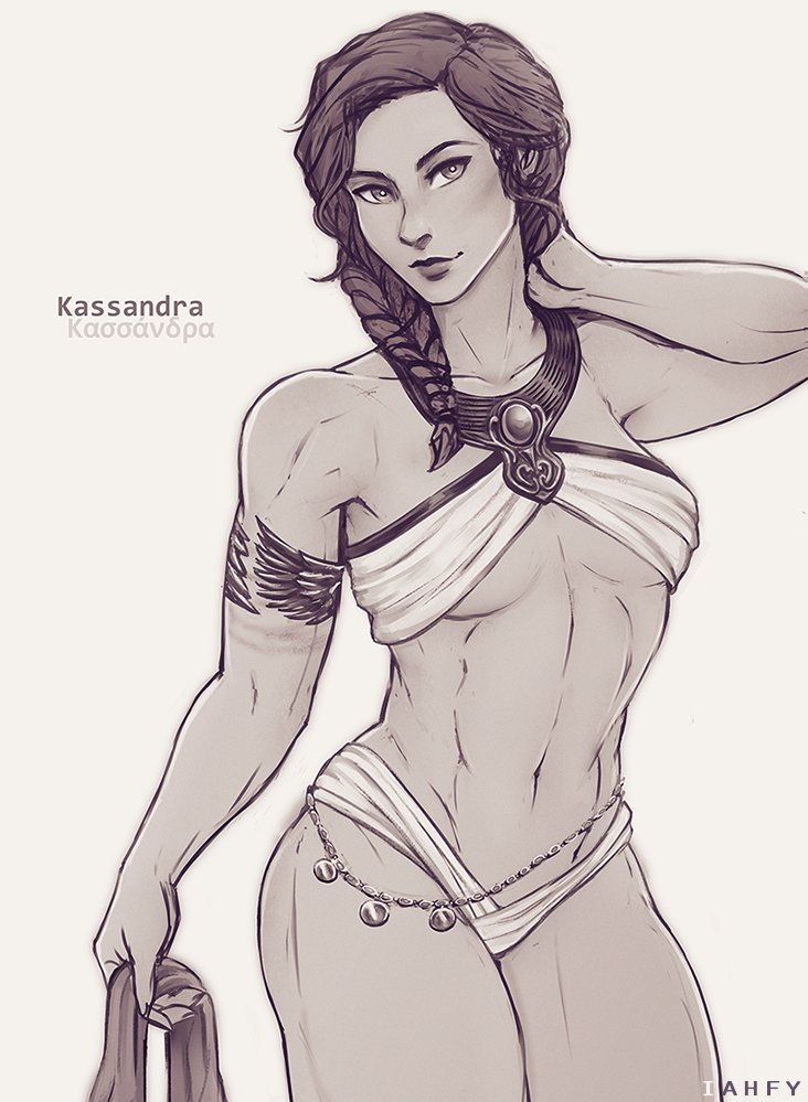1girl arm_up armlet assassin's_creed:_odyssey assassin's_creed_(series) braid braided_ponytail breasts character_name hair_over_shoulder iahfy kassandra_of_sparta looking_at_viewer monochrome navel simple_background small_breasts smile solo toned white_background