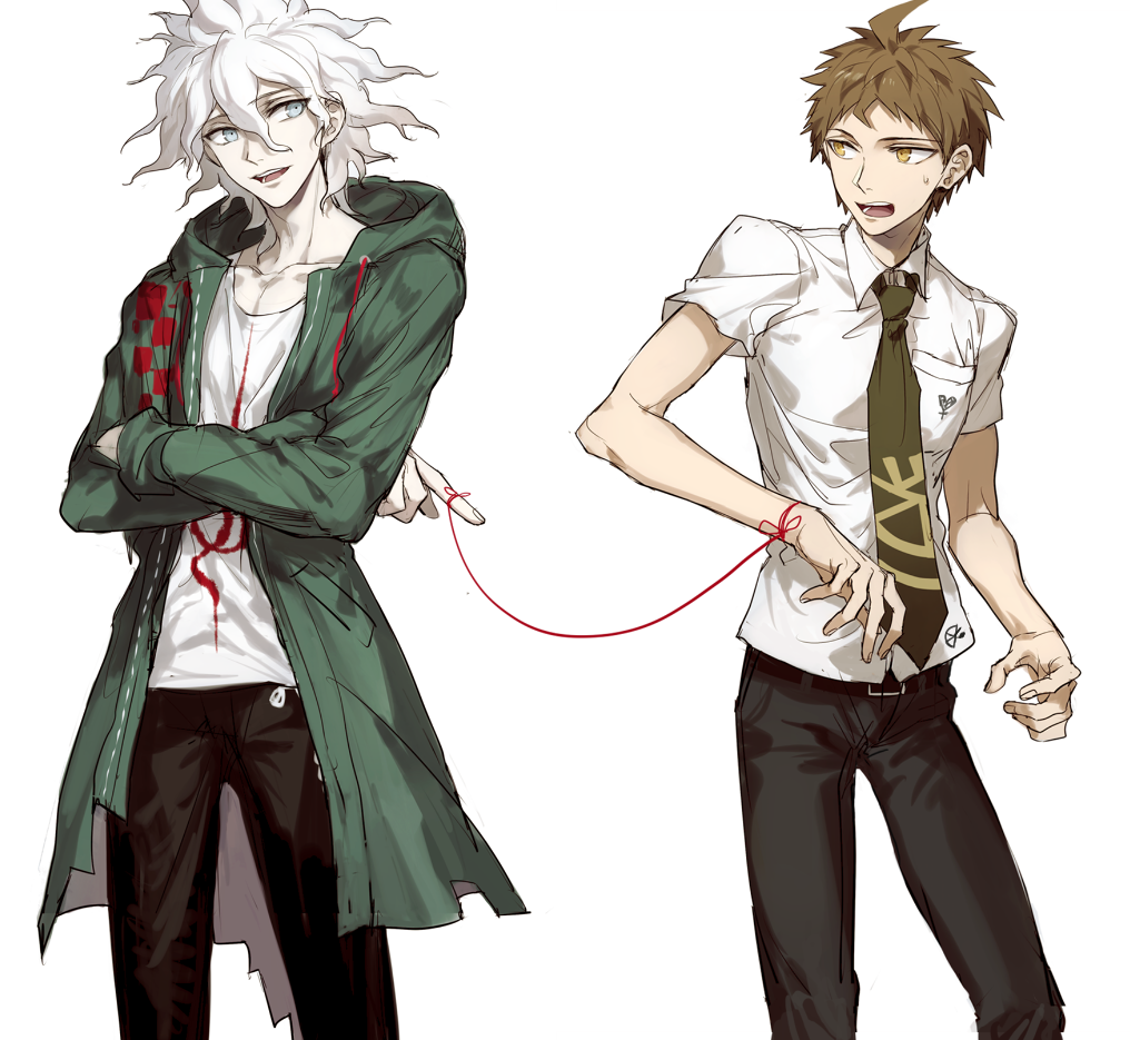 2boys bangs black_pants blue_eyes breast_pocket brown_hair brown_pants coat collared_shirt commentary_request crossed_arms dangan_ronpa_(series) dangan_ronpa_2:_goodbye_despair green_coat green_neckwear hinata_hajime hood hood_down hooded_coat hoodie komaeda_nagito long_sleeves looking_at_another male_focus messy_hair multiple_boys necktie open_clothes open_coat open_mouth pants pocket print_shirt ribbon shirt short_hair short_sleeves simple_background smile string string_of_fate sweatdrop tewa_(0120831) white_background white_hair white_shirt wrist_ribbon